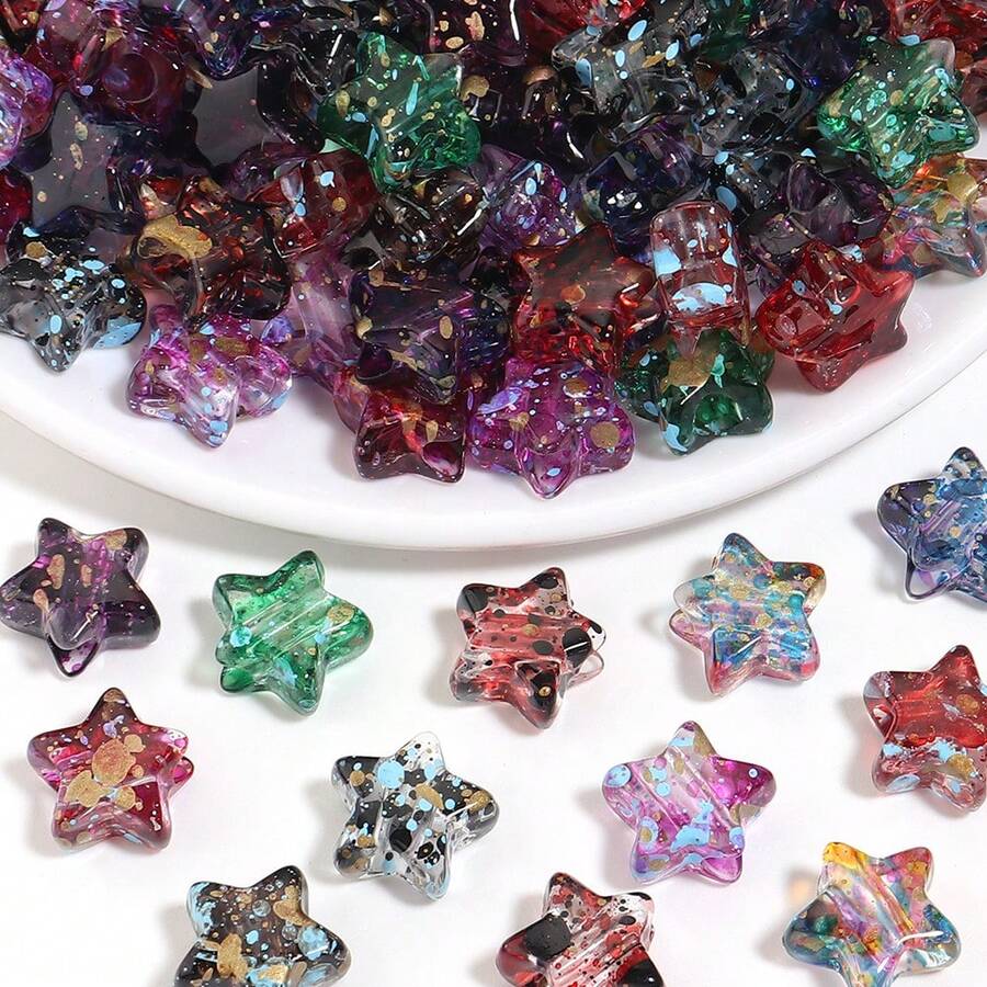 10pcs/Pack Acrylic Pentagram Transparent Splatter Oil Painting Straight Hole Beads 12X13mm, Vintage Translucent With Colorful Dots Exquisite Design, Suitable For Making Chinese Style Bracelets, Pendants, Keychain Charms Handmade DIY Accessories Materials