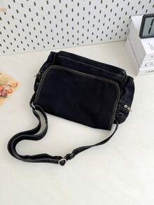 Blue Washed Denim Shoulder Bag For Women, Casual And Versatile, All-Match Travel Bag, Minimalist Metal Decor, Lightweight Crescent Bag For All Seasons - Black - View 3
