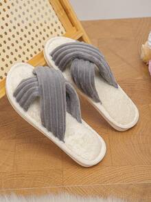 Chaussons de maison confortables et doux en peluche à bretelles croisées pour femmes, style décontracté, gris, pour l'automne/l'hiver, chaussons de chambre - Gris - Voir 6