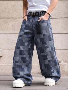 1Pc Men's Retro Blue Wash Mosaic Checkered Jacquard Baggy Wide Leg Jeans - Blue - View 1