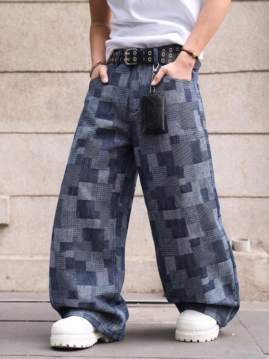 1Pc Men's Retro Blue Wash Mosaic Checkered Jacquard Baggy Wide Leg Jeans - Blue - View 1