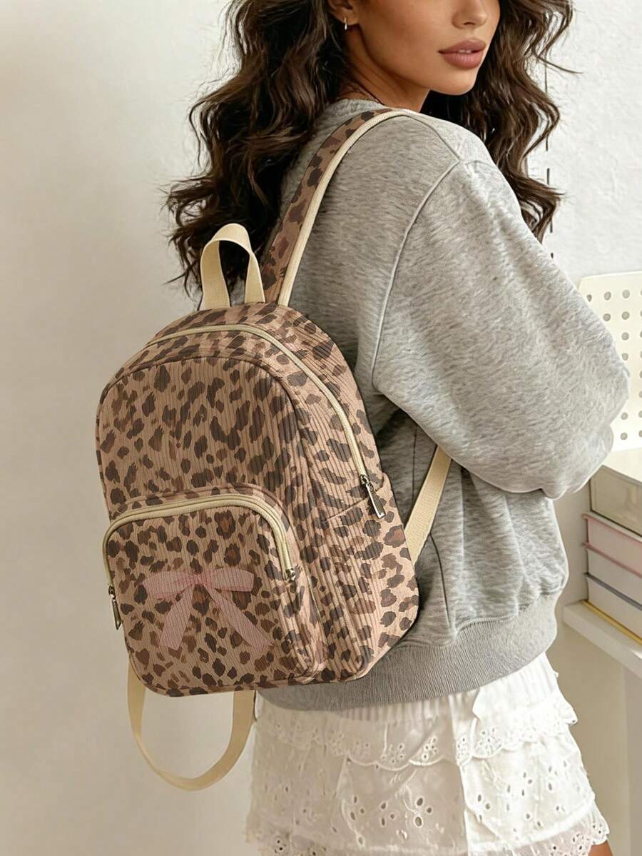 1PC Backpack, Women's Mini Backpack, Corduroy Girls School Bag, Travel Storage Bag, Leopard Print Design, Large Capacity Foldable Easy Storage Bag, Lightweight & Pressure-Relieving, Multi-Pocket Layered Design With Zipper Closure - Leopard Print Bow - View 1