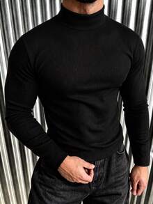 New Men's Casual Classic Ribbed Texture Mock Neck Versatile Long Sleeve T-Shirt - Black - View 1