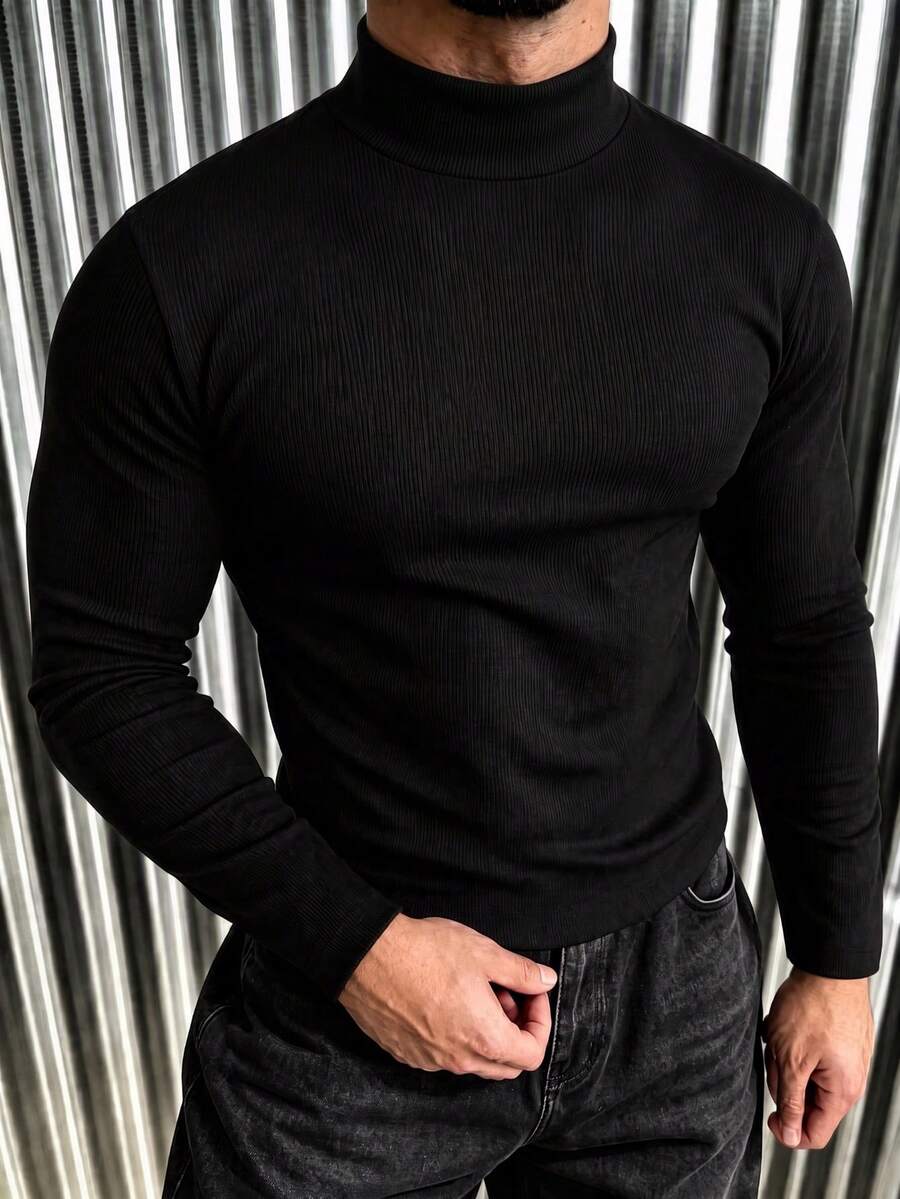 New Men's Casual Classic Ribbed Texture Mock Neck Versatile Long Sleeve T-Shirt - Black - View 1