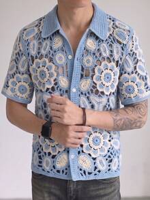 Men's Unisex Polo Collar Knitted Cardigan, Daily Vacation Casual Hand-Crocheted Hollow Out Loose Short Sleeve Top, Spring/Summer - Blue - View 2
