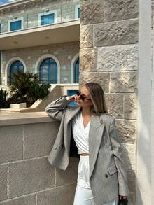Women's Lightweight Pinstripe Double-Breasted Blazer, Loose Casual Fit, With Shoulder Pads Business Office Jacket Fall - Light Grey - View 6