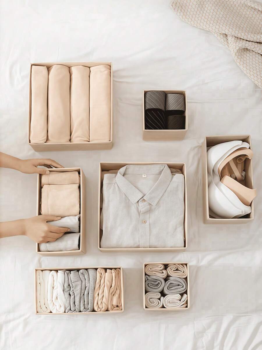 Conjunto de varias piezas de caja de almacenamiento de ropa de tela no tejida premium con placa de PP, lavable, plegable e inodora, disponible en múltiples colores y tamaños, caja de almacenamiento pequeña de tela no tejida, caja de almacenamiento plegable con cremallera en la parte inferior, bolsa de almacenamiento, organización de juguetes y ropa, almacenamiento de varios artículos diversos (Altura de la caja de almacenamiento 11cm, Altura del teléfono aprox. 15cm!!) - Beis - Ver 1
