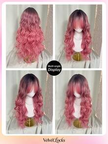 Topshe [Velvet Locks] 26 Inch Pink Gradient Synthetic Wig, Soft Heat-Resistant Voluminous Layered Wavy Curls With Curtain Bangs, Suitable For Daily Wear, Nightclub, Music Festival, Cosplay, Women's Wig - Multicolor - View 10