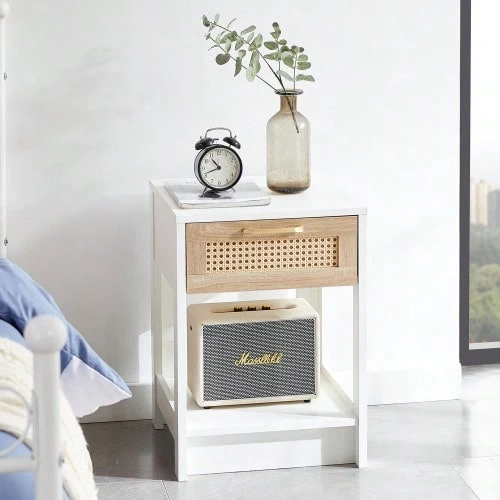 Rattan Side Table With Drawer, Modern Nightstand, Side Table For Living Room, Bedroom, White-H55/B40/D40 Cm - Natural+White - View 1