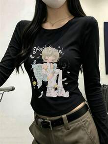 Women's Round Neck Long Sleeve T-Shirt, Spring/Autumn New Cartoon Pattern & Letter Print, Fashion Casual Versatile Slim Fit Cropped Top Black - Black - View 7