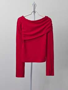 Red Asymmetrical Shoulder Long Sleeve T-Shirt Women Autumn/Winter Slim Fit Inner Layer Sexy Style Hot Girl Base Top - Red - View 8