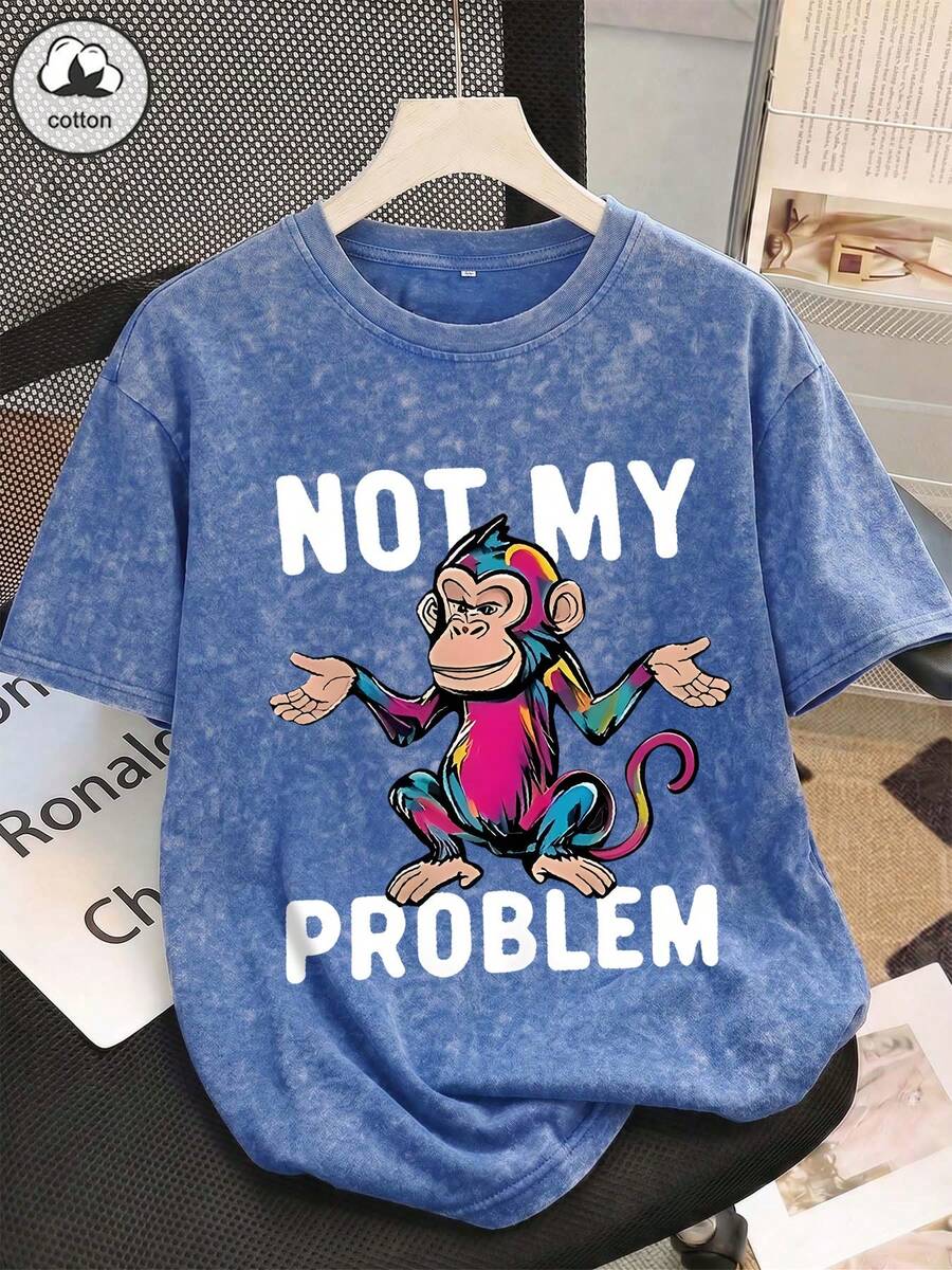 棉質夏季女款 Not MY PROBLE 塗鴉猴子圖案印花街頭 Y2K 風格黑色短袖大尺碼水洗 T 恤上衣 - 寶藍色 - 查看 1