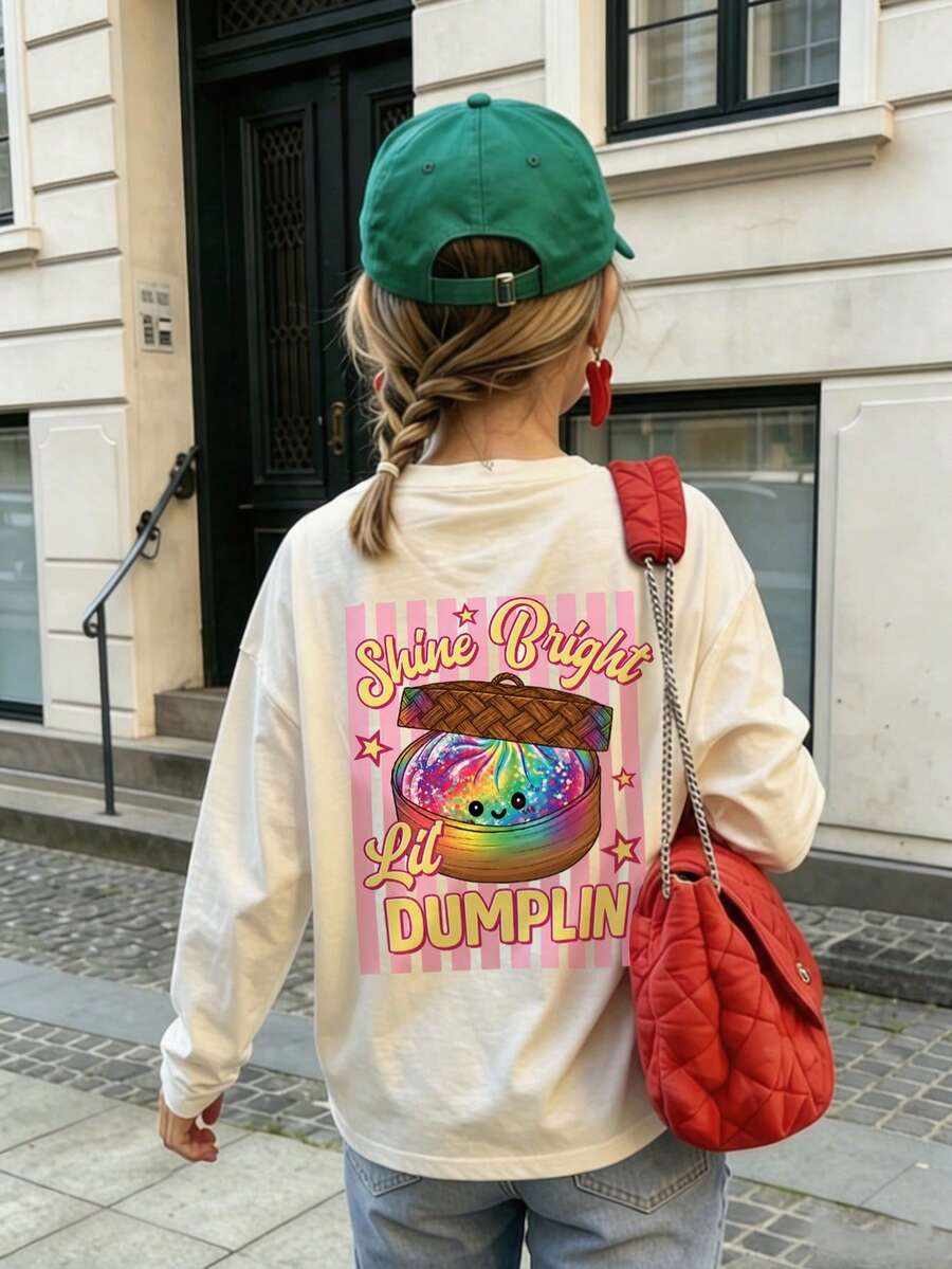 Tween Girls Cute Lil Dumplin Cartoon Oversized Long Sleeve T-Shirt - Apricot - View 1