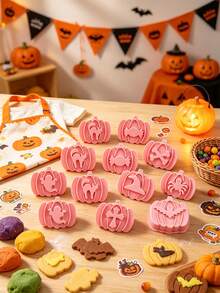 9pcs Halloween Pumpkin Jam Filled Cookie Mold Set, 3D DIY Press-Type Baking Embossed Cookie Cutter - Multicolor - View 1