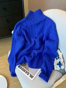 Women's Autumn/Winter Casual Versatile Commute Preppy Youthful Solid Color Half-Zip Loose Collar Knit Cardigan Sweater - Blue - View 2