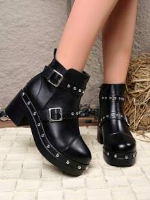 Punk Style Rivet Buckle Thick Sole Ankle Boots For Women, Round Toe Chunky Heel Waterproof Platform Motorcycle Boots With Side Zipper, Cool Design - Black - View 5