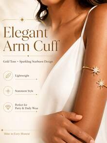 STONEFANS 1pc Women's Gold-Tone Double Starburst Rhinestone Upper Arm Cuff, Adjustable Open Armlet Bracelet For Wedding, Prom, Party & Festival - Gold - View 5