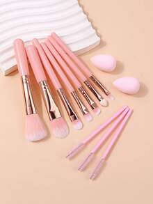 Set Kuas Makeup 12 Buah, Kuas Kosmetik Lengkap untuk Wajah & Mata, untuk Perona Pipi, Alas Bedak, Eyeshadow, dan Alis, Perlengkapan Serbaguna untuk Penggunaan Sehari-hari - Berwarna merah muda - View 5