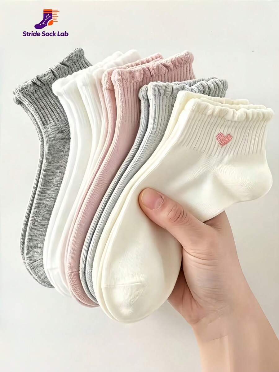 5 Pairs Women's Korean Style Minimalist Coffee Color Heart Pattern Non-Slip Breathable Lace Summer Short Socks, Breathable Casual Short Socks, Soft Comfortable Daily Wear Short Socks, Random Color - Multicolor - View 1