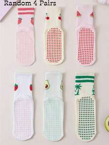 1/4/6 Pairs Women's Sweet Fruit Pattern Printed Non-Slip Mid-Calf Yoga Socks, Indoor Fitness, Pilates, Dance Floor Socks - Multicolor - View 9