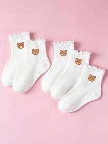 5 Pairs Random Cute Bear Print Baby Socks, Soft Breathable Mid-Calf Socks, Girls Toddler Style, Ruffle Cuff, All-Season Versatile Back To School - Multicolor - View 4