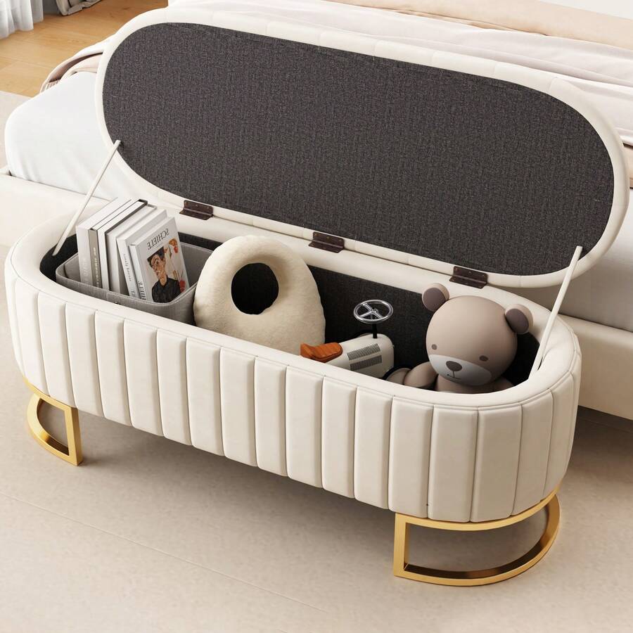Storage Bench Beige - Multifunctional Sofa Ottoman - Beige - View 1