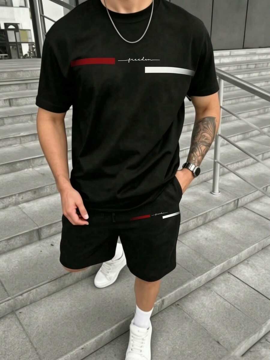 Conjunto de manga corta estampado para hombres con mangas cortas sueltas, suaves y ligeras, ropa casual de la ciudad de playa y entretenimiento diario de varios tamaños - Azul Marino - Ver 1