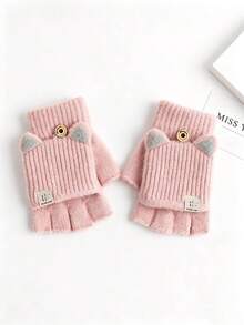 1 Pair Winter Flip-Finger Cat Ear Gloves, Windproof Warm Flip-Cover Hand Gloves, Casual Solid Color Five-Finger Gloves Suitable For Cold Weather - Multicolor - View 13
