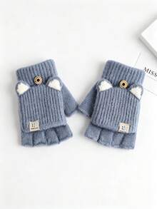 1 Pair Winter Flip-Finger Cat Ear Gloves, Windproof Warm Flip-Cover Hand Gloves, Casual Solid Color Five-Finger Gloves Suitable For Cold Weather - Multicolor - View 14