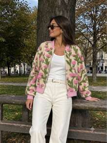Women's Pink Green Floral Country Style Baseball Jacket Loose Cropped Long Sleeve Terry Jacquard, Vacation Commute Back To School Fall - Multicolor - View 5