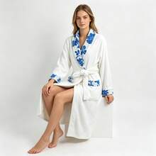 1 Stück Damen Paar Unisex Revers Jacquard einfarbiger Bademantel langer Morgenmantel Hausmantel Nachthemd Bademantel Korallenfleece weich saugfähig warm geeignet für Badezimmer Dusche Pool Hotel Ferienhaus Geschenk - Verschiedenfarbig - Übersicht 4