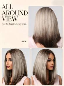 16 Inch Synthetic Hair Straight Gradient Gray-Gold Middle Part Feather Layered Bob Wig, Fashionable Mid-Length, Suitable For Daily Wear, Party, Halloween And Christmas Fashion Accessory - Ombre - View 3