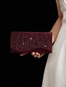 Shiny Rhinestone Evening Bag, Luxury New Women's Party Bag, Shoulder Bag, Paired With Shiny Rhinestone Pendant Necklace, Earrings, Bracelet, Suitable For Evening Party, Gathering, Party, Ball - Burgundy - View 4