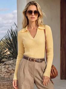 NiceArt Women's Vintage Knitted Polo Pullover Sweater, Elegant Autumn/Winter Outfit, Renaissance Style, Suitable For Office, Social, Halloween - Yellow - View 1