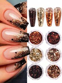 6pcs/Pack Shiny Autumn Hexagon Nail Glitter, Red Brown Gold Bronze Metallic Hexagon Nail Glitter, Suitable For Thanksgiving Wedding Holiday Nail Decoration - Multicolor - View 4