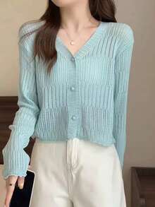 1 Black And White Apricot Green Thin Ruffle V-Neck Knit Cardigan Long Sleeve Sun Protection Shawl - Multicolor - View 15