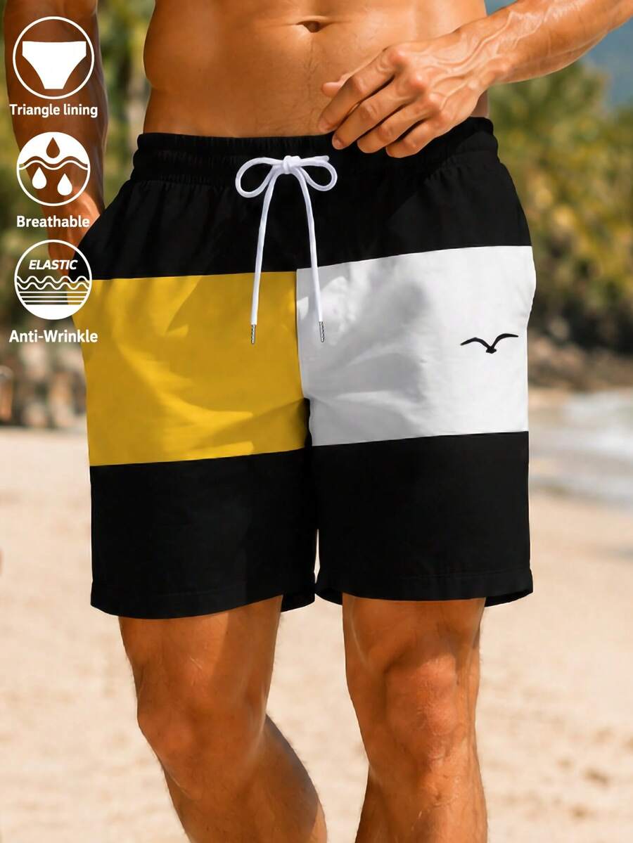 Men's Colorblock Print Drawstring Elastic Waist Slanted Pocket Mesh Lining Casual Vacation Beach Shorts