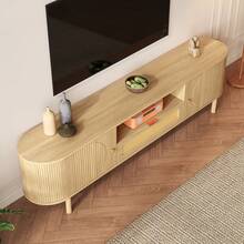 Modern TV Cabinet With Rattan Drawers With Open Compartments, Rounded Table Top, Wood-Effect Metal Legs, Multifunctional Living Room Furniture, 175 X 36 X 51 Cm - Multicolor - View 1