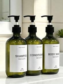 3pcs Reusable 500ml Dark Green Shampoo, Conditioner, Body Wash Dispenser Bottles With Pump, Bathroom Lotion Dispenser Containers With Waterproof Labels - Dark Green - View 3