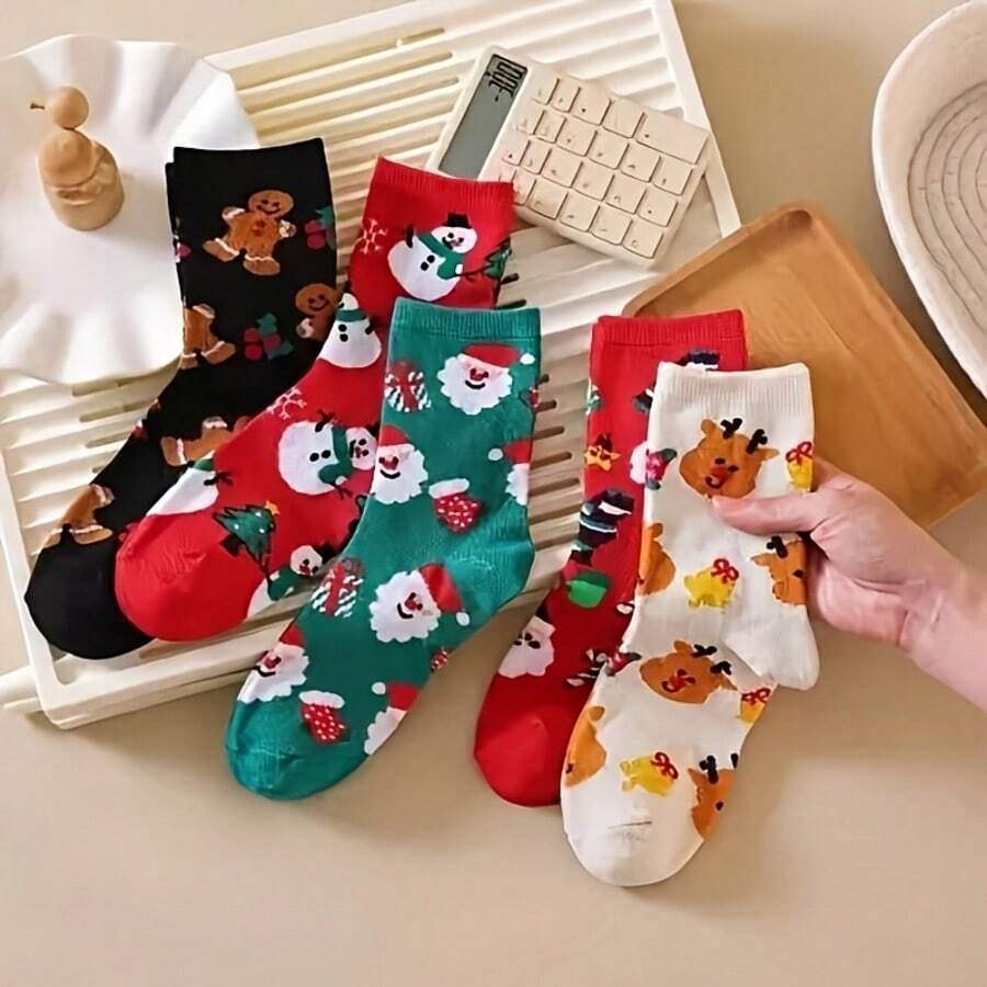 1/5/10 Pairs Autumn/Winter Christmas Socks, Santa Claus, Reindeer, Snowman, Gingerbread Man Cartoon Mid-Calf Socks - Multicolor - View 1