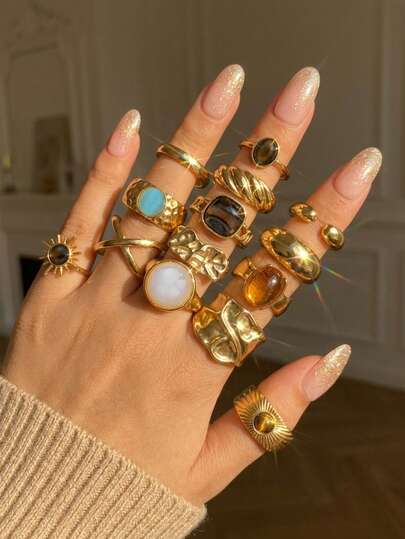 14pcs Multi-Layer Stackable Fashion Minimalist Elegant Exquisite Vintage Design Faux Tiger Eye Faux Gemstone Shiny Geometric Ribbon Asymmetric Pleated Texture Cross Smooth Surface Minimalist Plain Band Exaggerated Wide Chunky Rings Set For Holiday Vacation Party Date Gift Daily Commute Wear Personalized