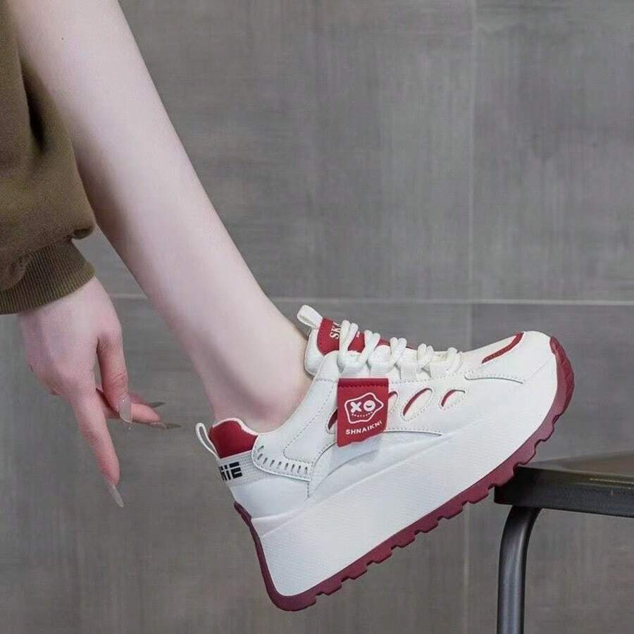 Zapatillas blancas de superficie de piel, nuevo modelo bicolor con plataforma elevada, calzado casual deportivo de suela gruesa, antideslizante para uso diario‑laboral - Rojo - Ver 1