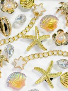 18pcs Gold Gradient Island Chain Shoe Charms, Starfish, Coconut Tree, Shell, Conch, Pearl, Flower, Butterfly, Water Drop Rhinestone Detachable DIY Accessories, Compatible With Sandals, Slippers, Beach Bags, Holiday Gifts - White Gold Chain - View 3