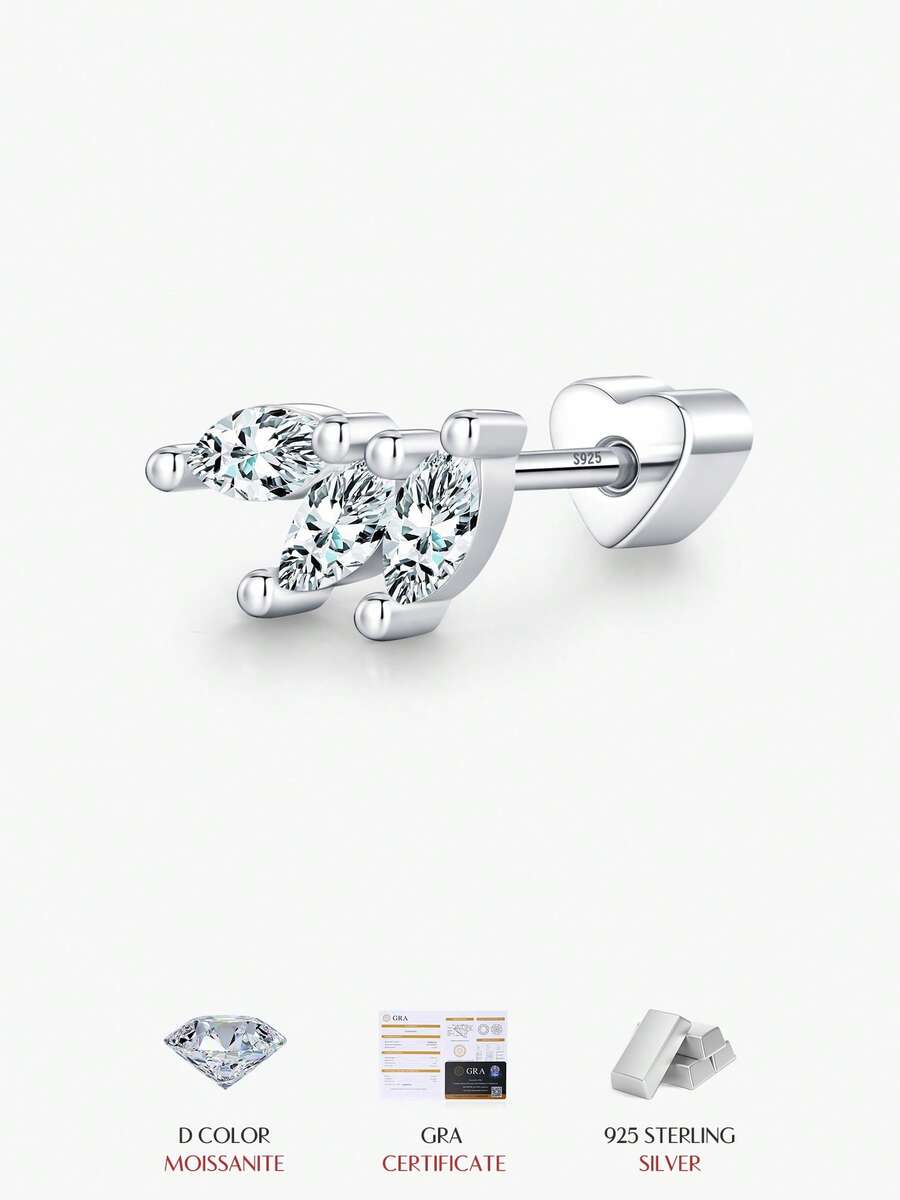 MODIAN 0.3CT Marquise Cut Moissanite Cartilage Ear 925 Sterling Sliver Earrings Heart Screw Stud Earrings For Women Fine Jewelry - Silver - View 1