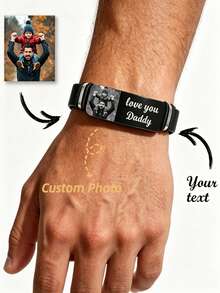 Customized Name & Photo Bracelet, Couple Matching Bangle, Engraved Photo & Text Stainless Steel Jewelry Gift For Him/Her, Personalized Stainless Steel ID Bangle, Customized Jewelry Gift For Boyfriend/Girlfriend Couple, Valentine's Day Accessory, Back To School Gift, Father's Day Gift - Multicolor - View 1