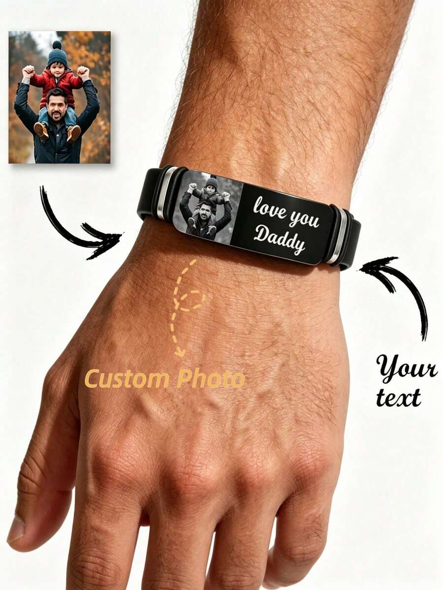Customized Name & Photo Bracelet, Couple Matching Bangle, Engraved Photo & Text Stainless Steel Jewelry Gift For Him/Her, Personalized Stainless Steel ID Bangle, Customized Jewelry Gift For Boyfriend/Girlfriend Couple, Valentine's Day Accessory, Back To School Gift, Father's Day Gift - Multicolor - View 1