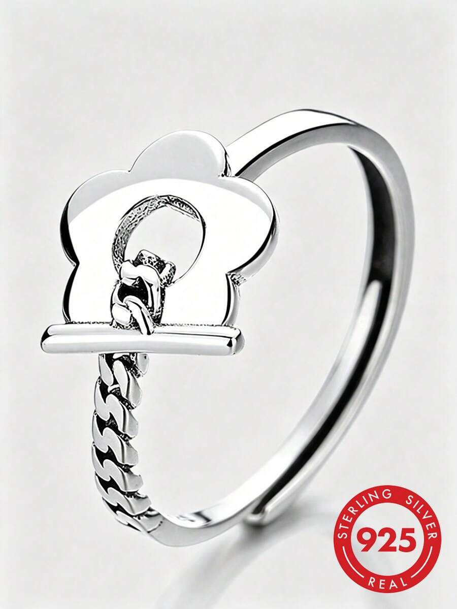 HuooNew 1pc S925 Sterling Silver Flower Adjustable Ring, Chain Texture Niche Design Adjustable Plain Silver Band - Silver - View 1