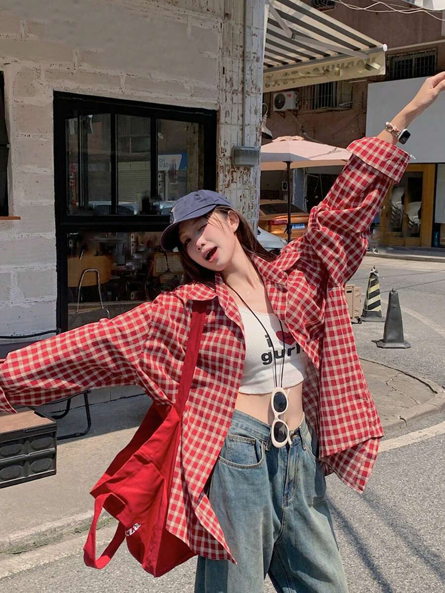 Korean Style Loose Fit Plaid Long Sleeve Shirt Streetwear - Red - View 1
