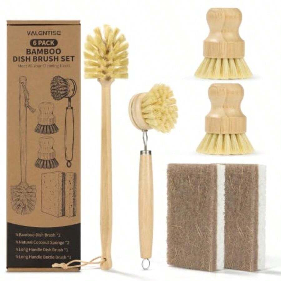 6 Pack Bamboo Dish Brush Set, Natural Dish Brush With Long Handle Bottle Brush, Wooden Dish Brush Set For Cleaning Dishes, Bottles, Pans And Vegetables - Natural - View 1