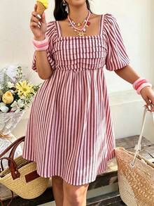Striped Square Neck Bishop Sleeve A-Line Plus Size Mini Dress, Suitable For Office, Daily Wear, Vacation And Spring/Summer Casual Outings - Multicolor - View 3